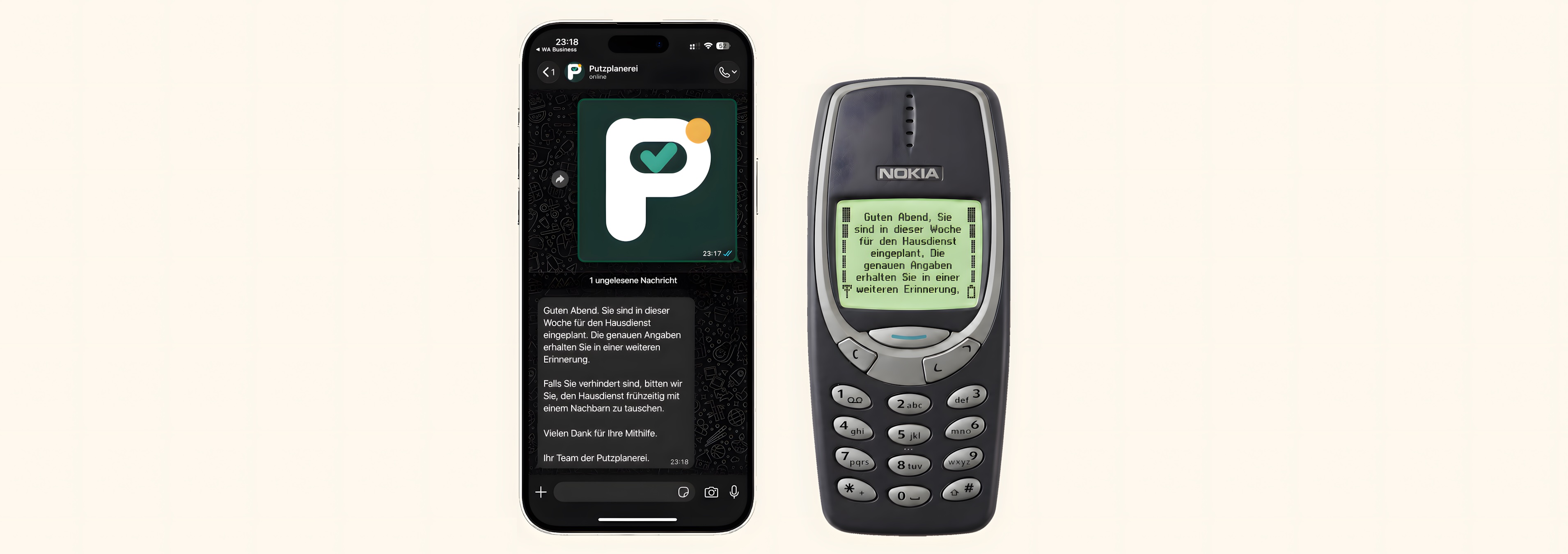 Smartphone und klassisches Nokia Handy mit Putzplanerei Erinnerung per WhatsApp und SMS
