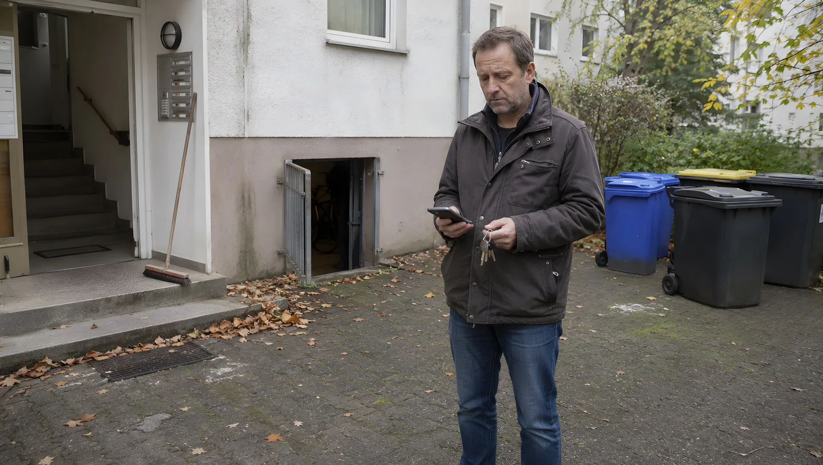 Hausdienst Aufgaben im Mehrfamilienhaus bleiben liegen, während ein Vermieter mit Smartphone im Hof steht